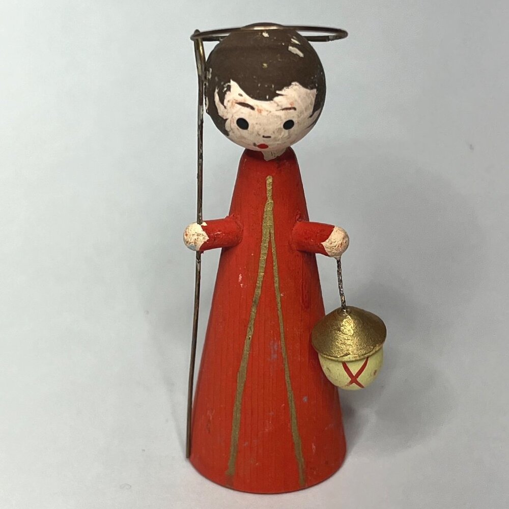 Vintage Italian Wooden Red Angel Figurine with Lantern